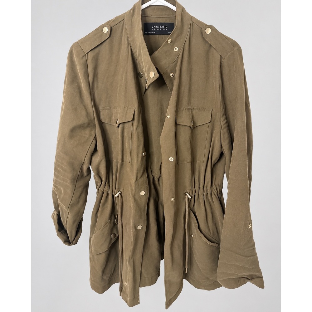 Zara Basic Utility Jacket Women Medium Olive Green Military Field Coat Drawstrin